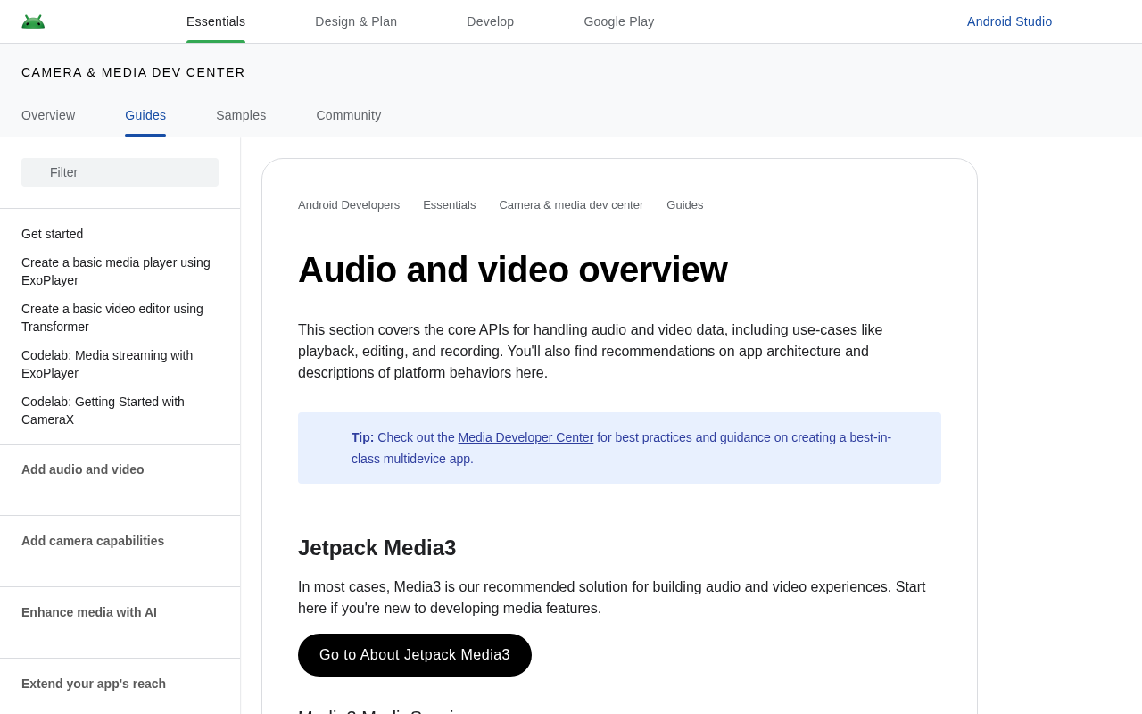 Android Developers - Media homepage screenshot