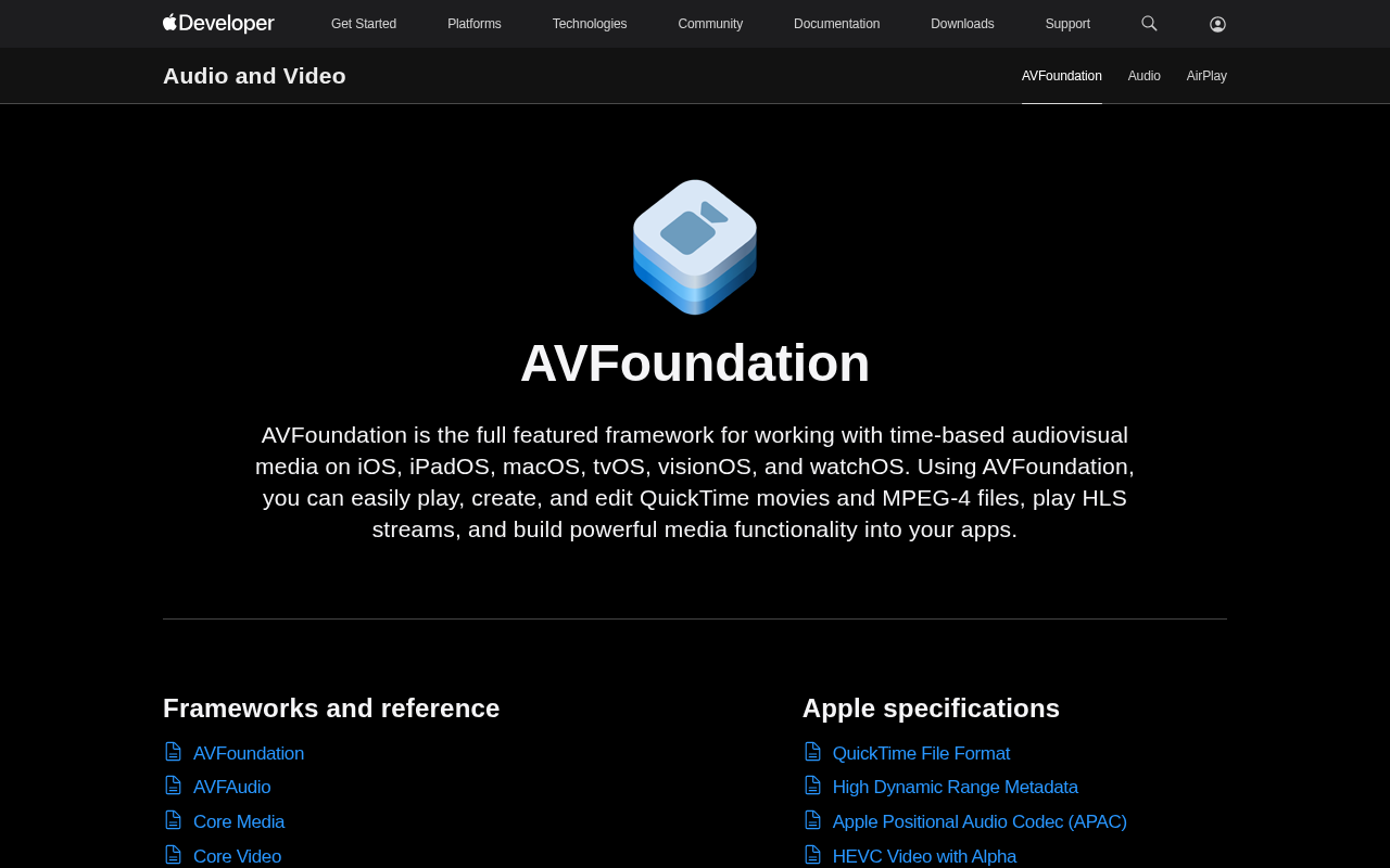 Apple Developer - AVFoundation homepage screenshot