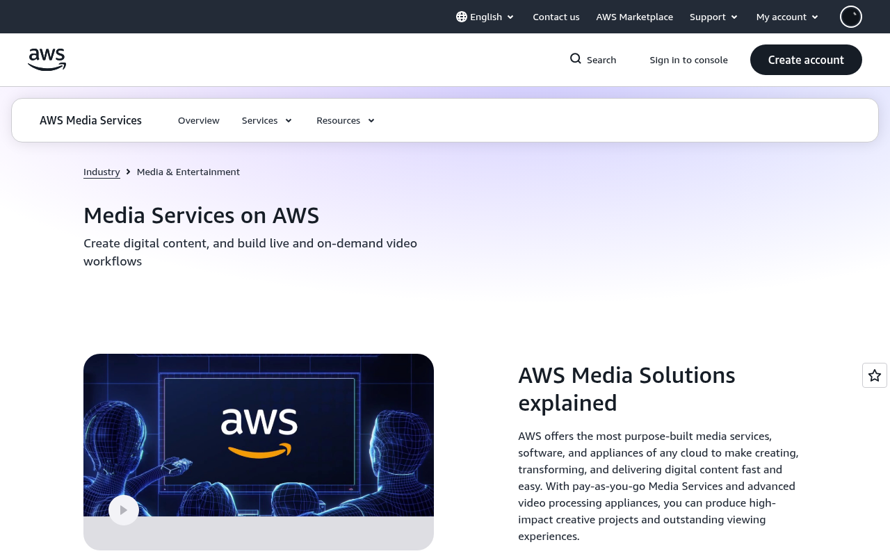 AWS Media Services homepage screenshot