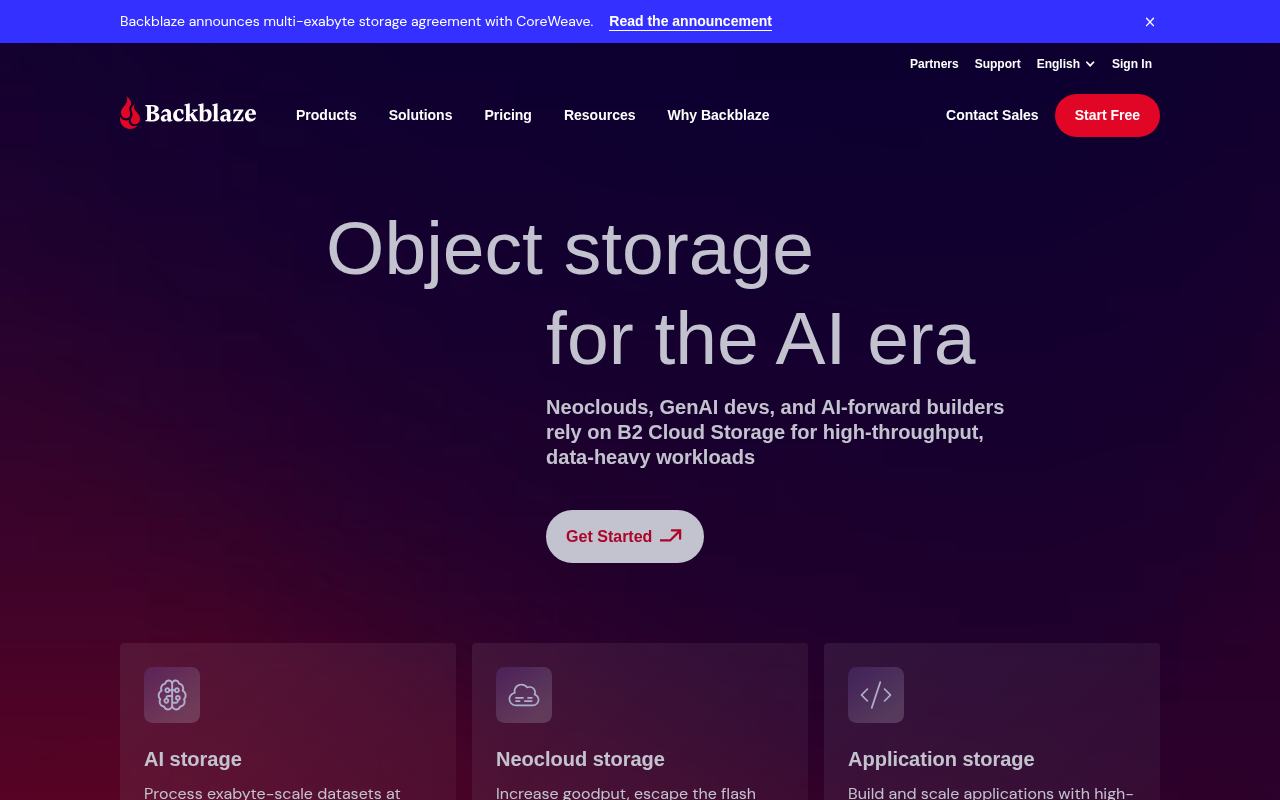 Backblaze homepage screenshot