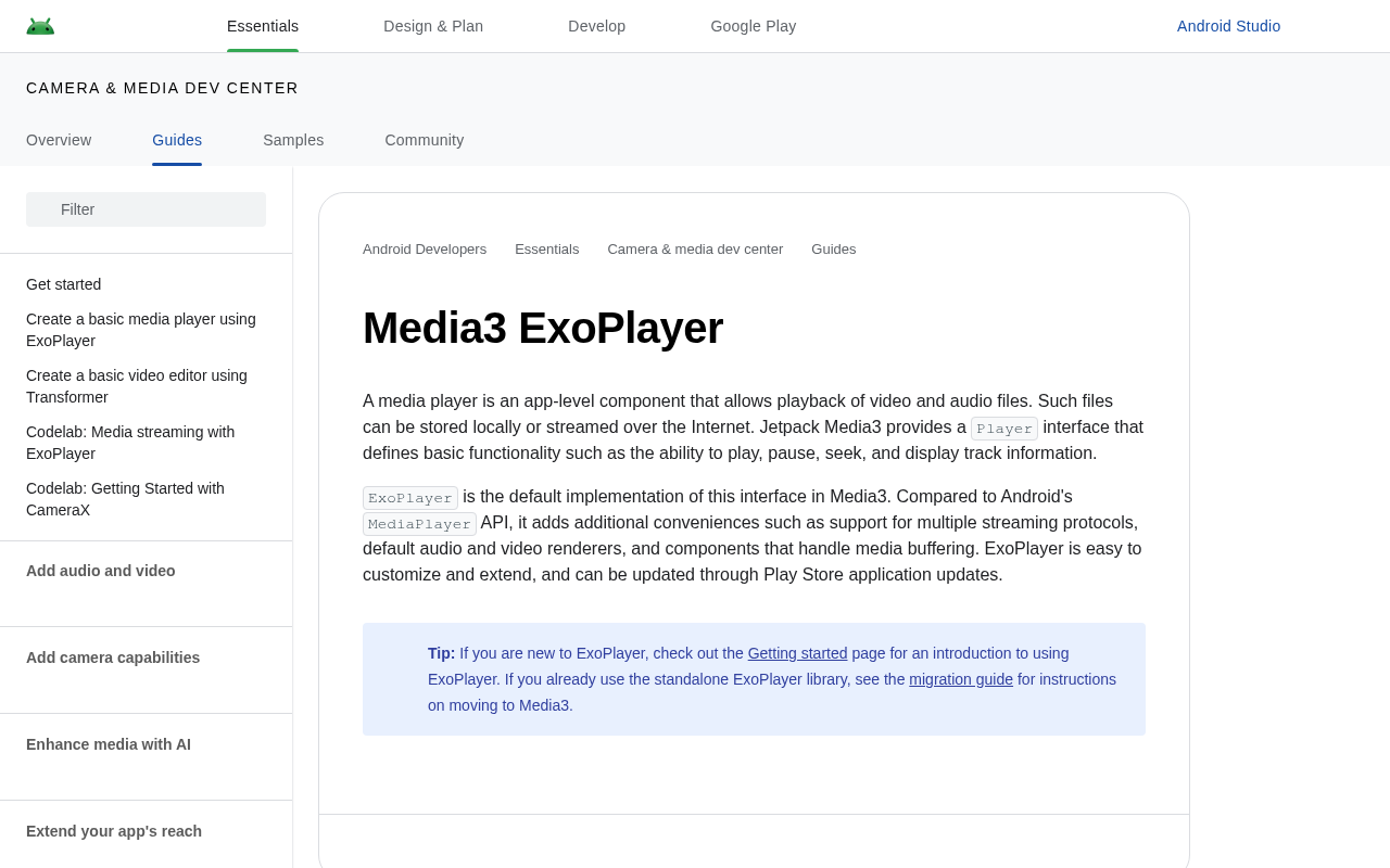 ExoPlayer (Google) homepage screenshot