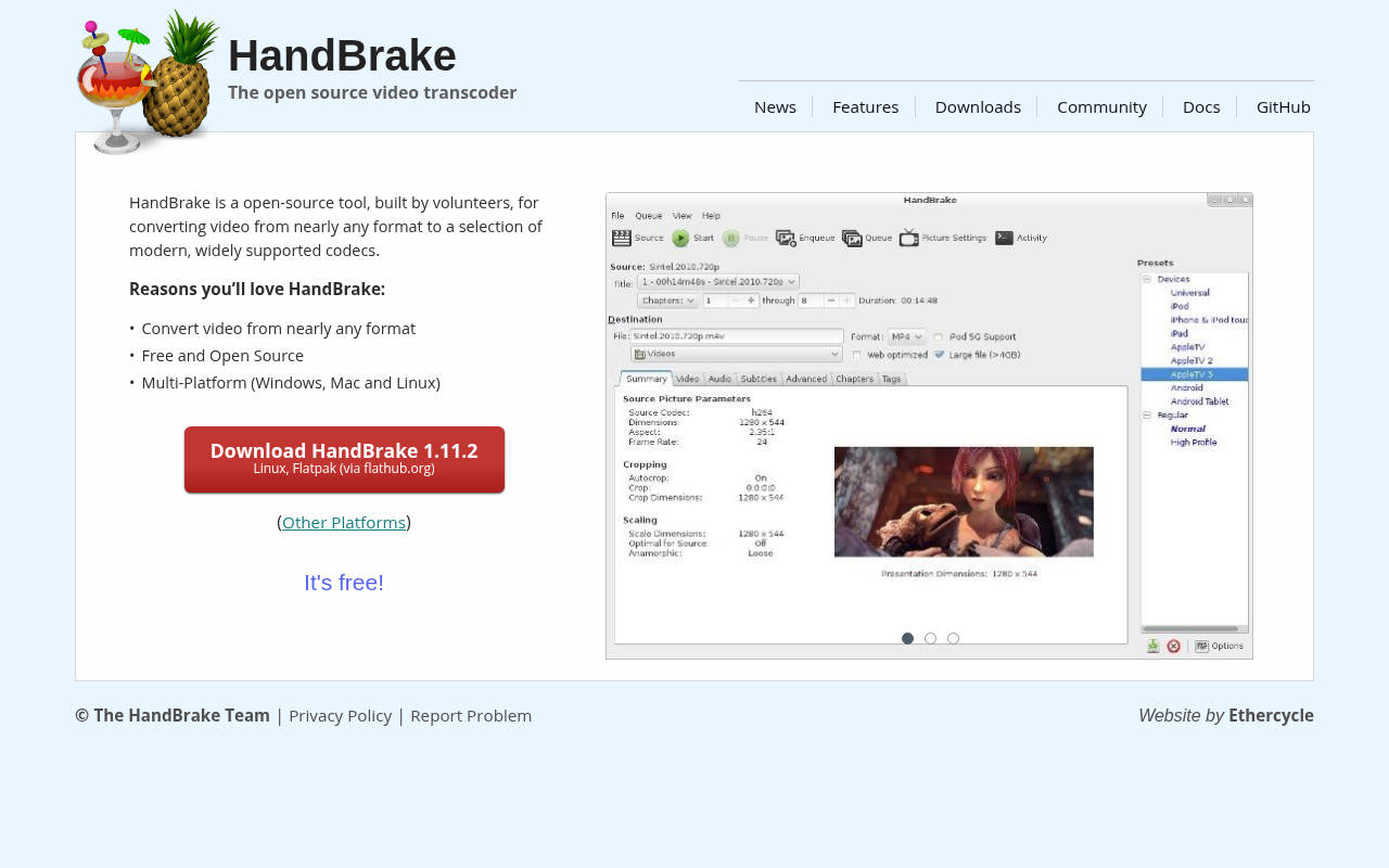 HandBrake homepage screenshot