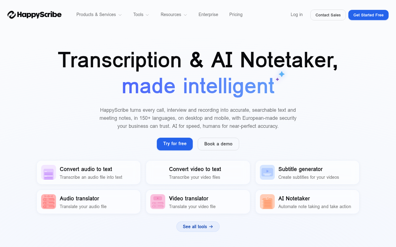 Happy Scribe homepage screenshot
