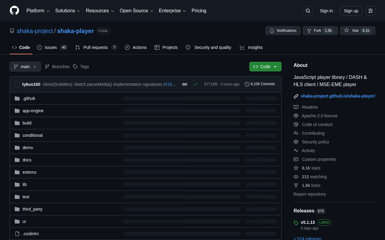 Shaka Player homepage screenshot