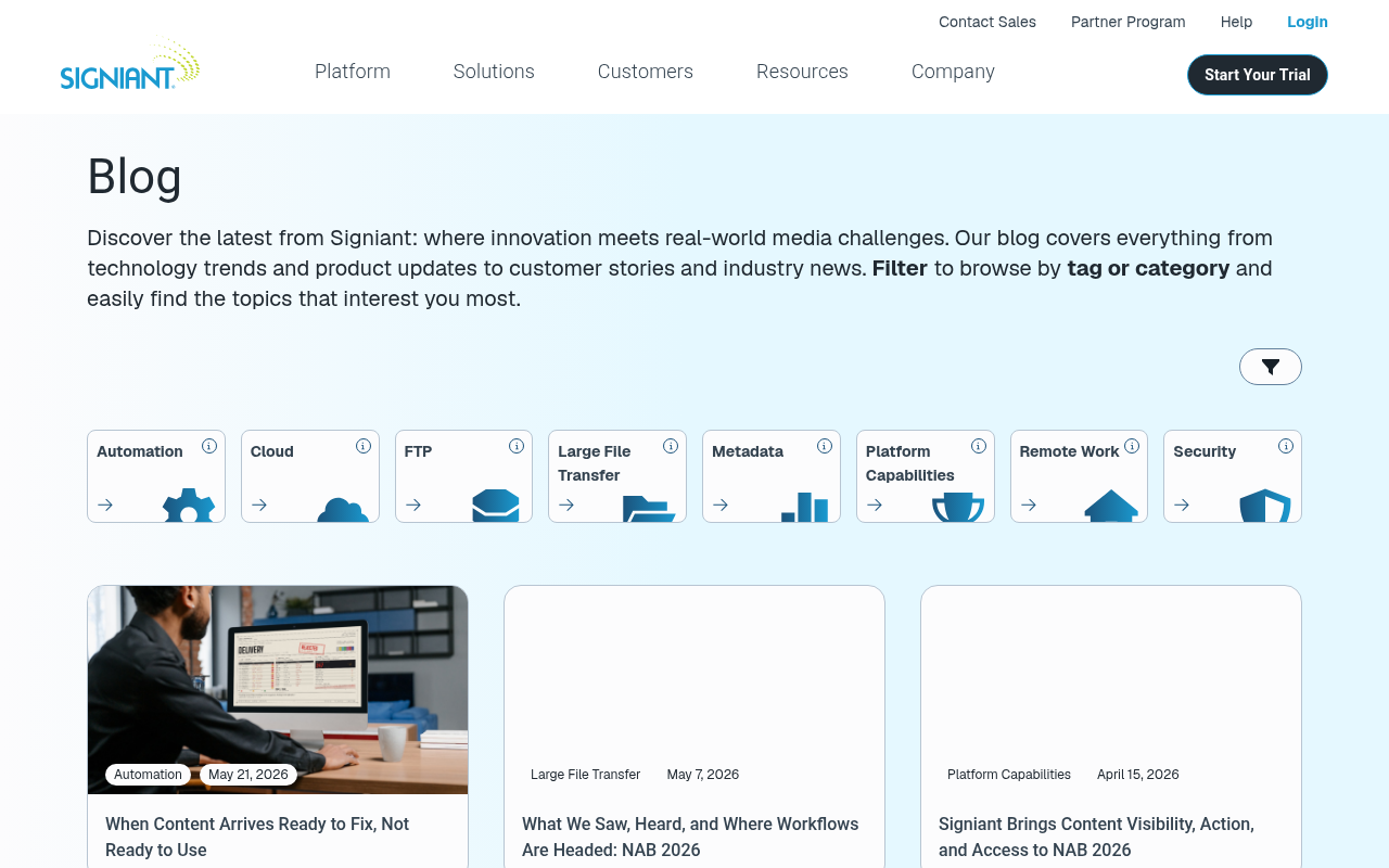 Signiant Blog homepage screenshot