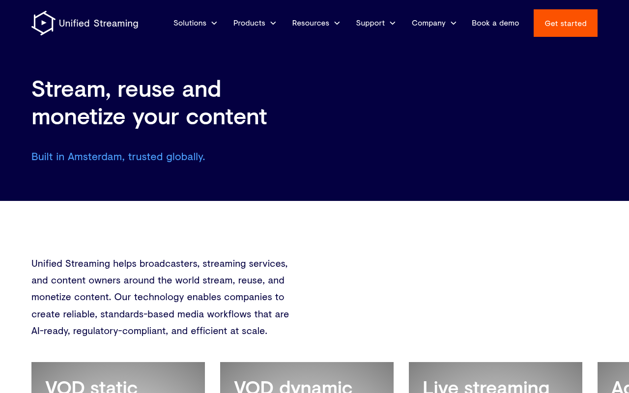 Unified Streaming homepage screenshot